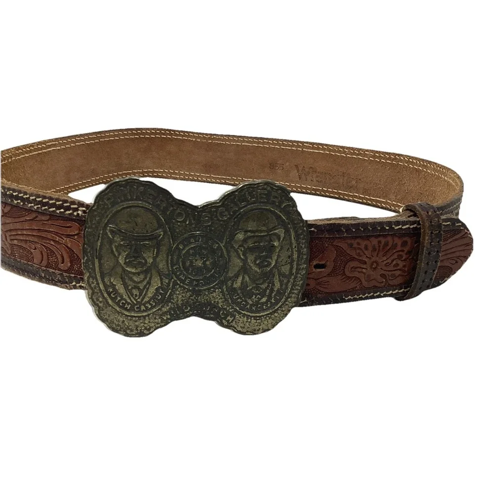 VINTAGE Wrangler Tooled Leather Western Belt Wildbunch Buckle 39